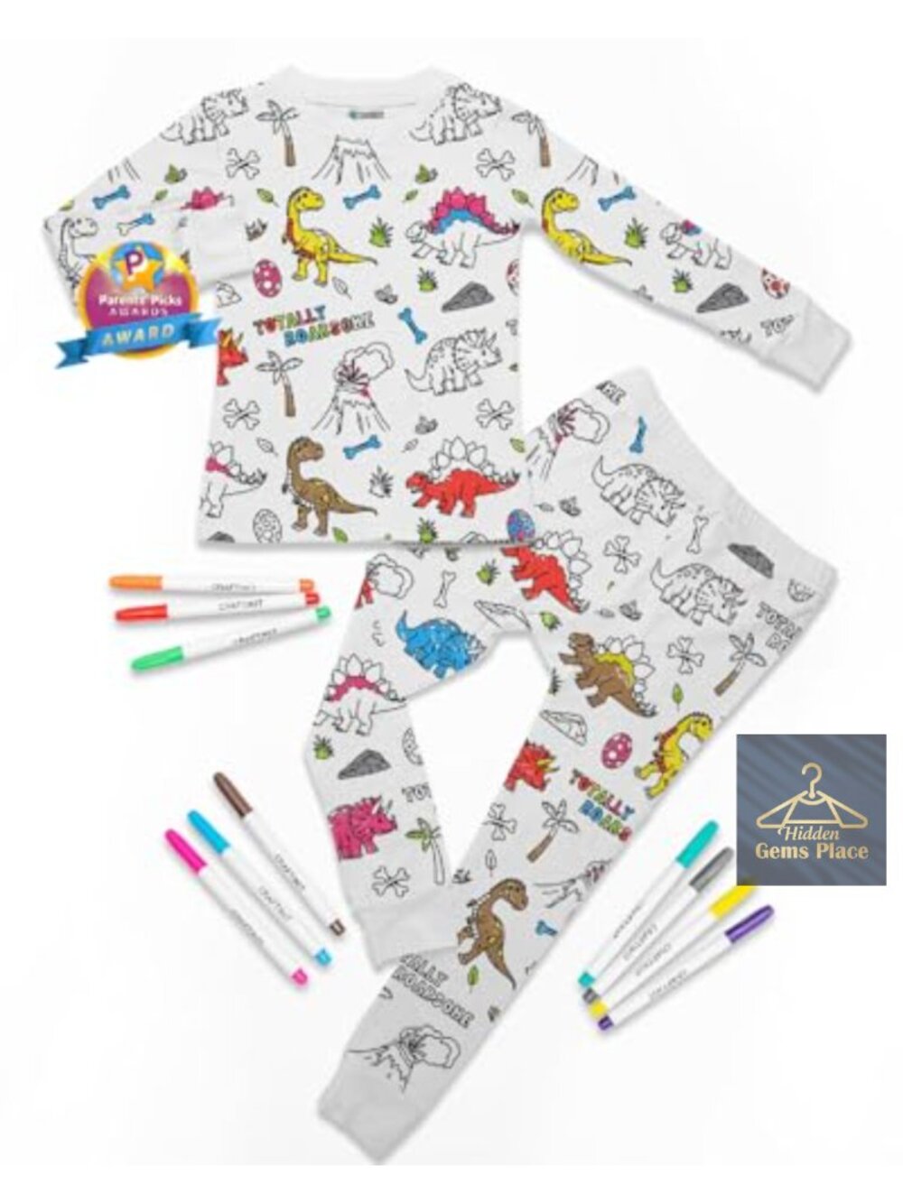 Kids Coloring Pajamas with Markers - Bamboo Viscose 2-Piece Unisex PJs Set,